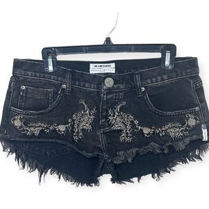 One Teaspoon No 2’s Low Rise Destroyed Frayed Embroidered Beaded Denim Shorts